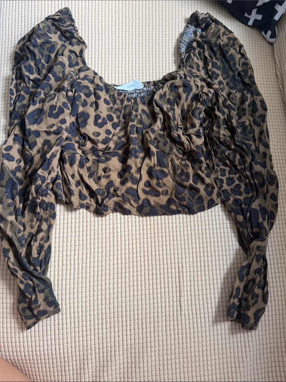 Mango Leopard Print Puff Sleeve Crop Top - Brown/Black
